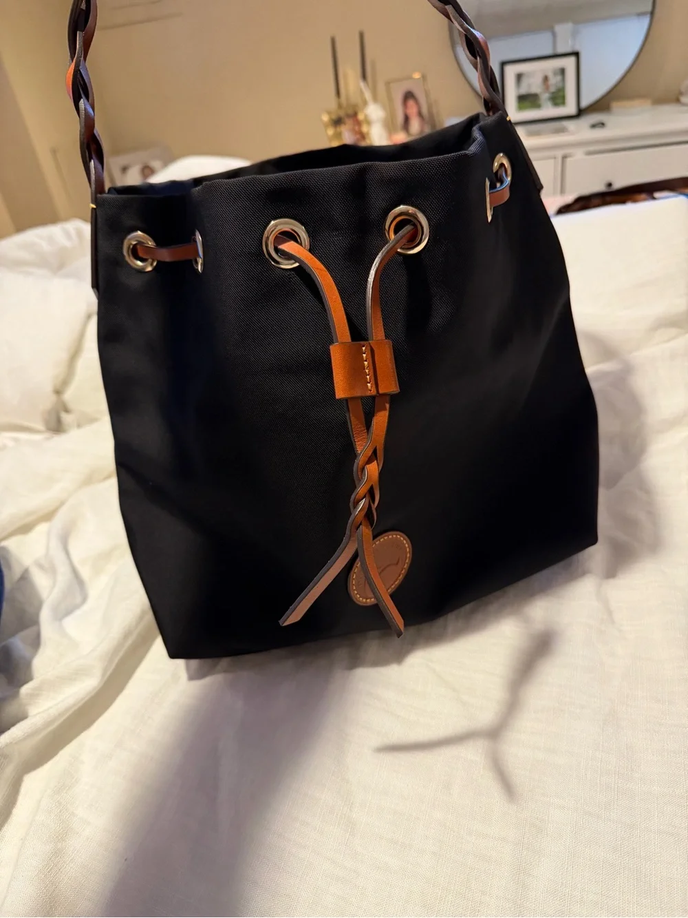Black Bucket Hobo with Tan Trim and Braided Strap